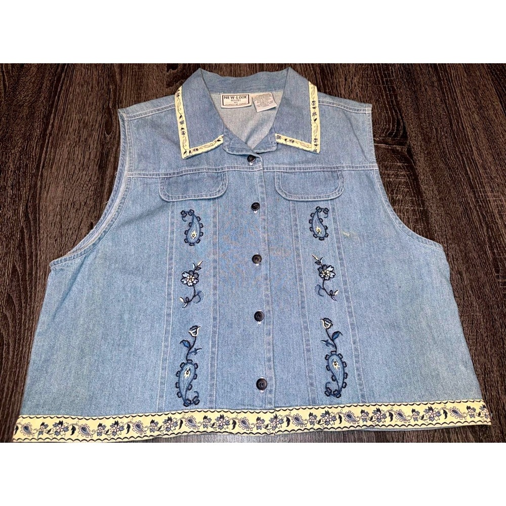 Vintage 90s New Look Petites‎ Denim Vest Embroidered Floral Paisley Western PL